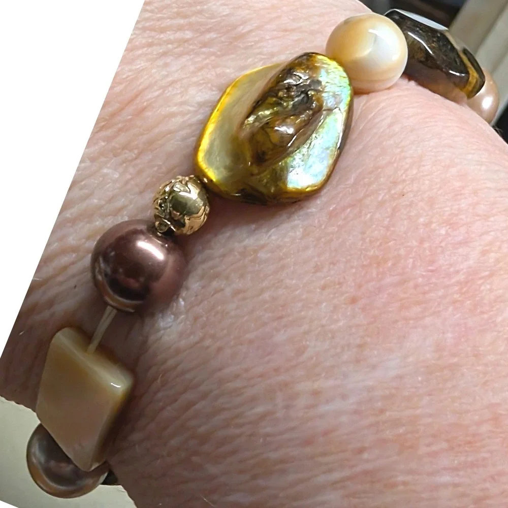 Vintage Tiger Eye Mother of Pearl‎ Stretch Bracelet Brown Earthy Beaded Beads